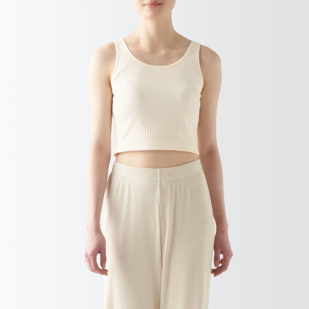 Muji Women's Cotton Stretch Ribbed Short Tank Top with Bra - S